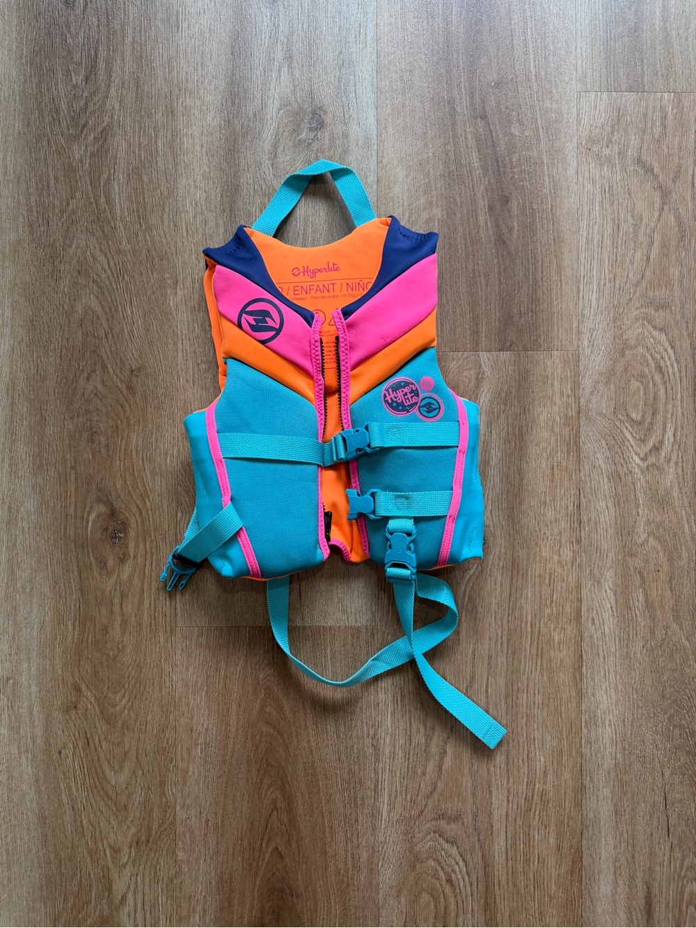 Hyperlite Kids' Life Jacket - Teal, Orange & Pink, Child Size 33lbs-55lbs